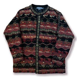 Vintage Icelandic Design Wool Embossed Floral Print Lined Cardigan
